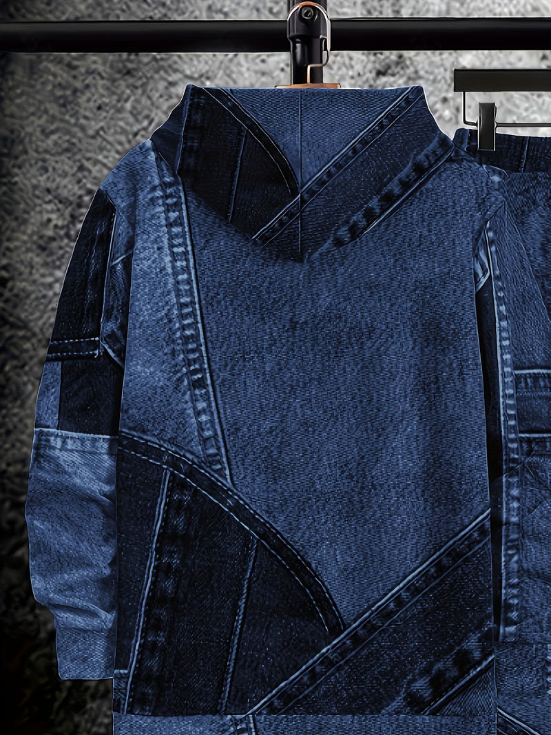 Men's Autumn Lettered Faux Denim Effect Hoodie And Sweatpants Two-Piece.