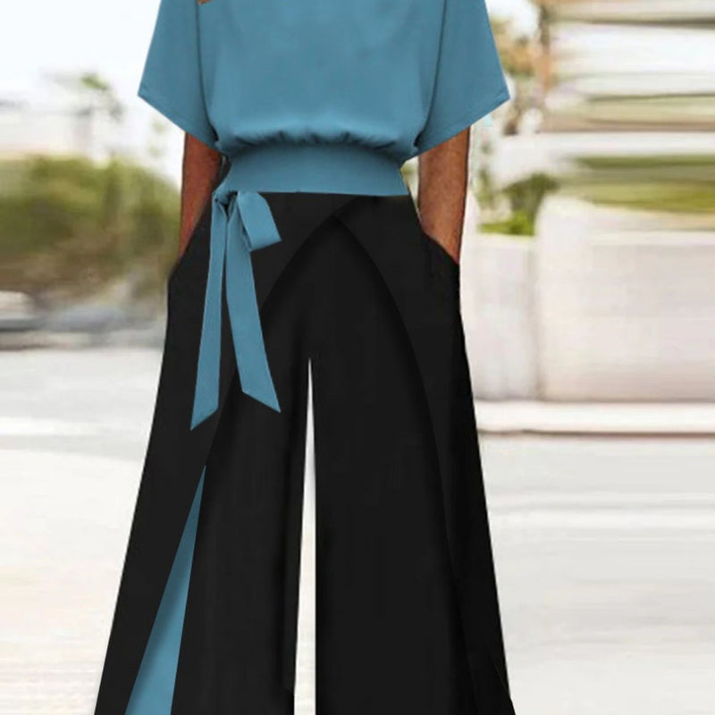 Two-Piece Outfit Featuring a Color-Block Design for Ladies.