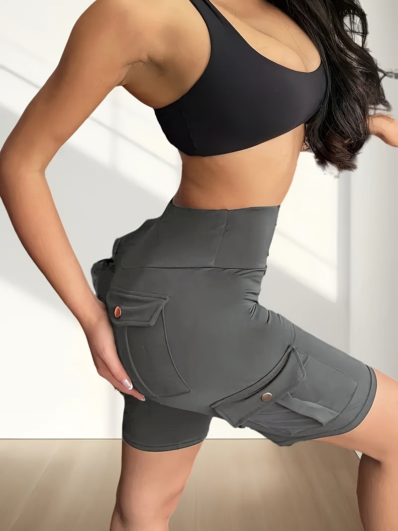 High-Waist Women's Solid Color Athletic Yoga Cargo Shorts for Exercise & Fitness.