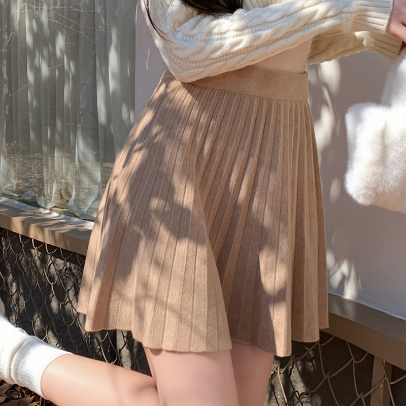 Cute And Playful High-Waisted Pleated Solid Color Mini Skirt.