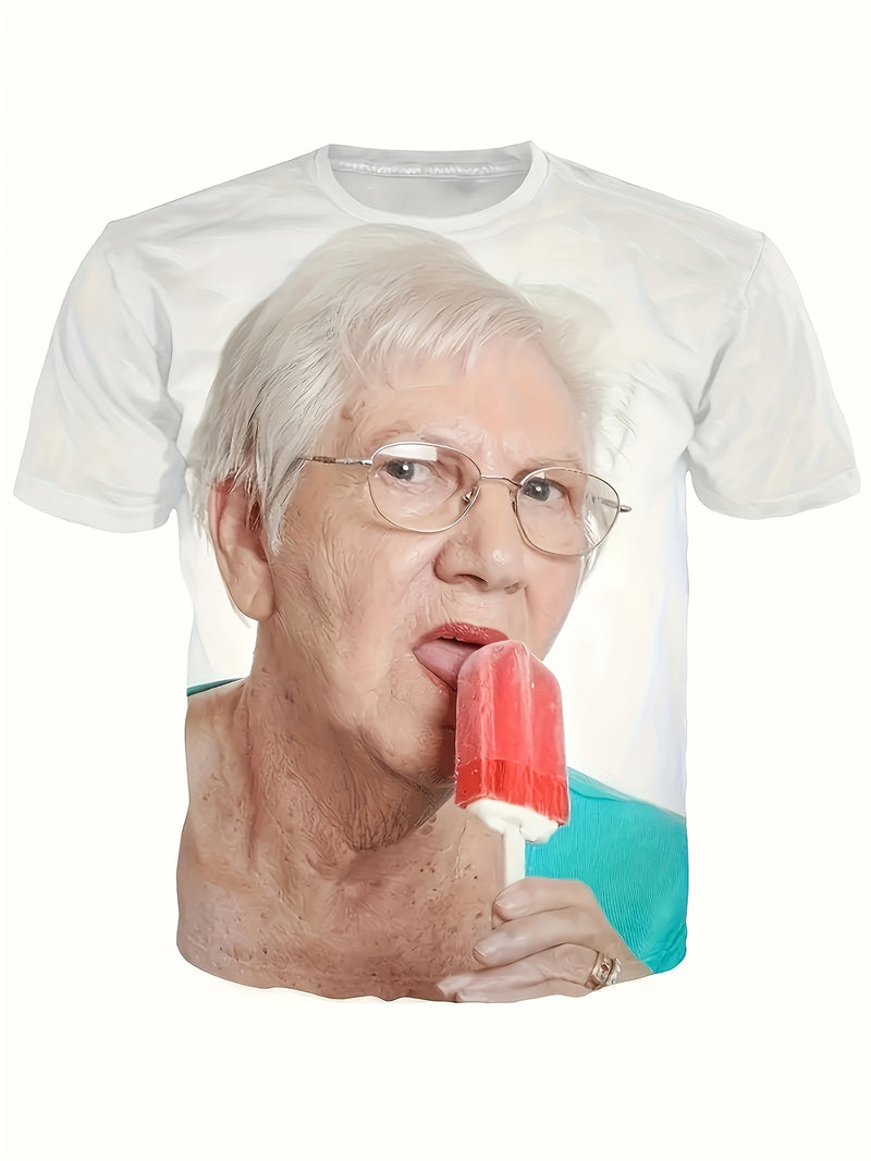 Men's Novelty T-Shirt - Elderly Woman with Ice Cream Print.