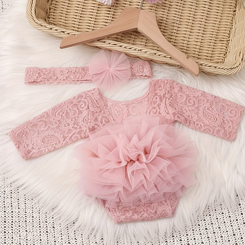 2pcs Purple Lace Bodysuit and Headband Set for Baby Girls.