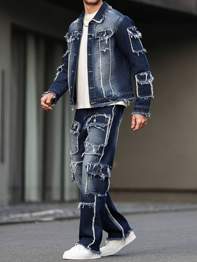 Men's High Street Style Distressed Raw Hem Patchwork Denim Set.
