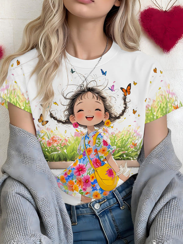 Women's Elegant Cartoon Print T-Shirt.