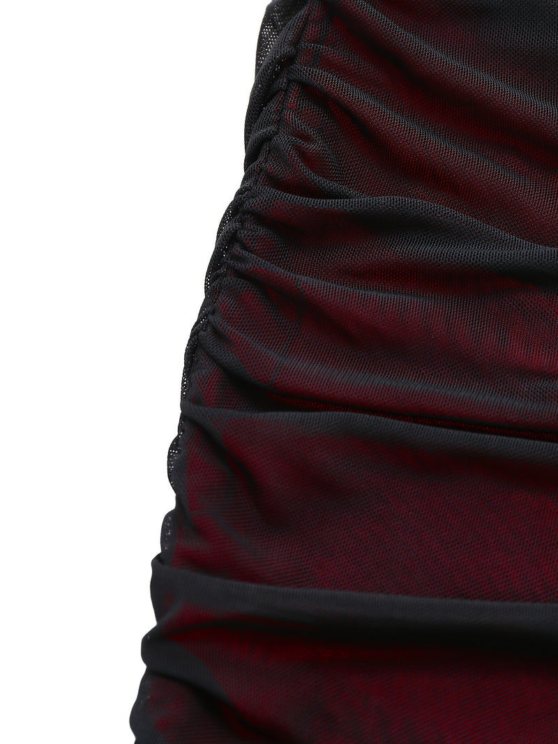 Red And Black Color-Blocked Mesh Bodycon Skirt.