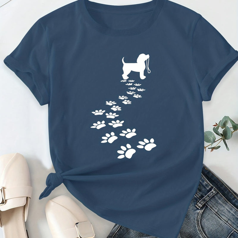 Women's Casual Short Sleeve T-Shirt with Dog Silhouette & Paw Print Graphic.