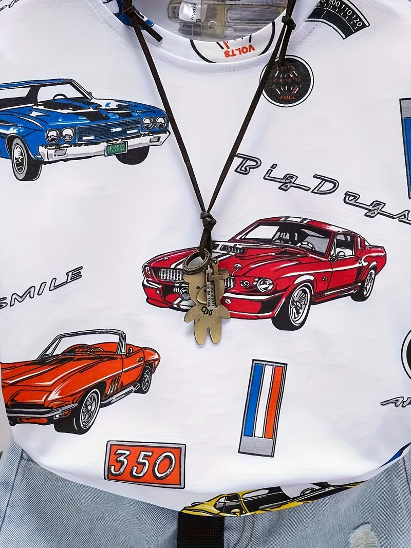 Boys' Outdoor Casual Fashion Summer Short Sleeve T-Shirt and Shorts Set with Car Print.