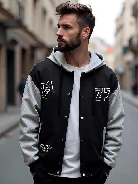 Men's Color Blocking Letters Pattern Hooded Baseball Jacket, Casual Stylish Outdoor.