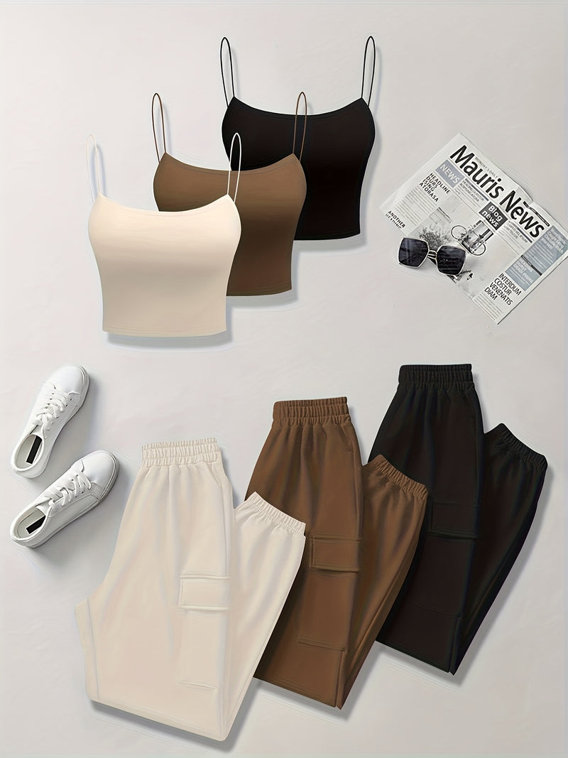6pcs Women's Casual Short Camisole And Elastic Waist Pocket Work Pants.