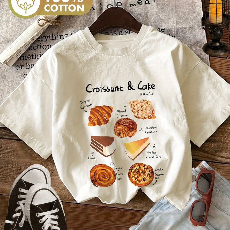 Women's Croissant & Cake Graphic T-Shirt.
