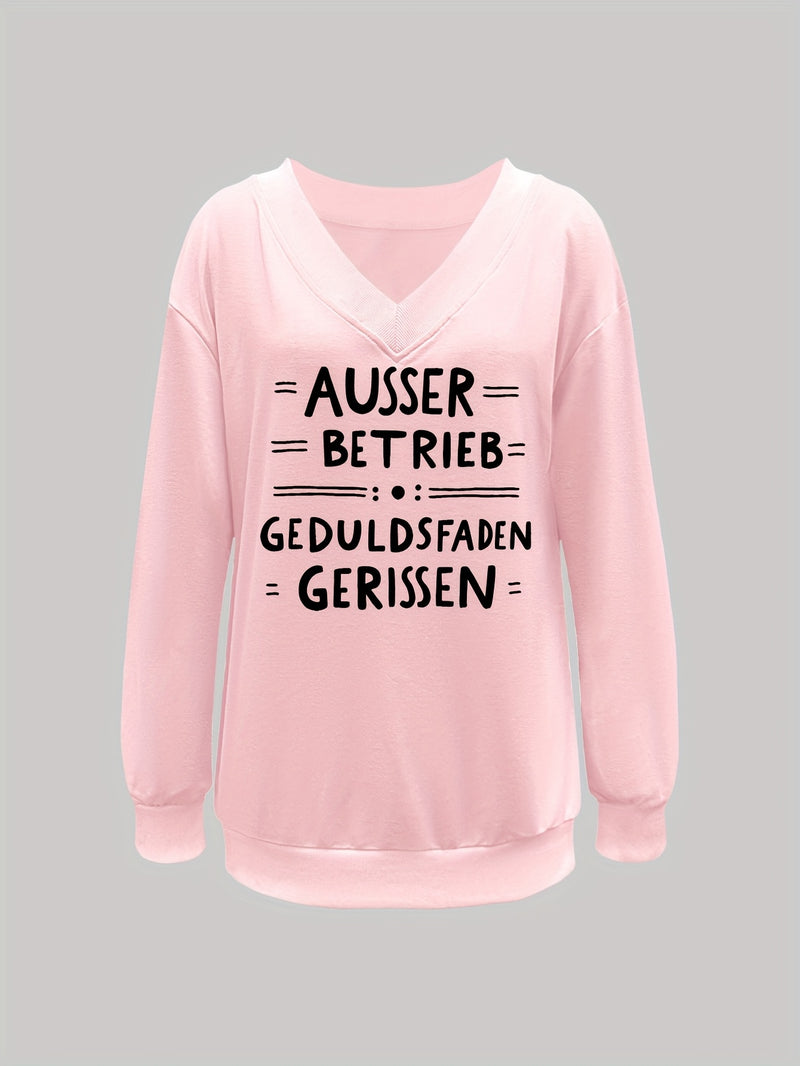 Women's Pink V-Neck Long Sleeve Sweater with German Letter Print.