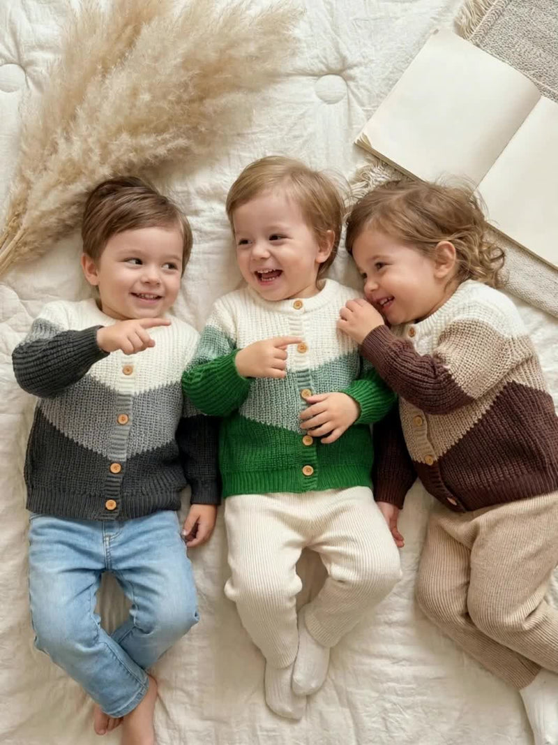Baby Retro Tricolor Color Blocking Knitted Cardigan.