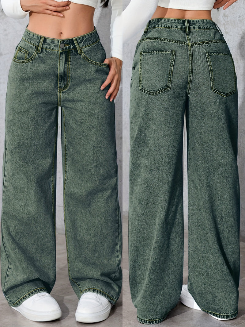 Women's High-Waisted Simple Versatile Distressed Wide Leg Jeans.