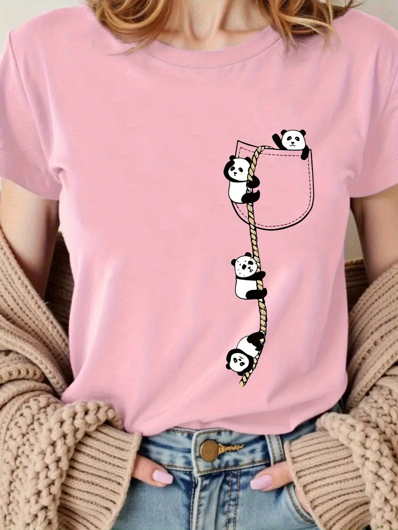Women’s  Pocket Panda Climbing Rope Cute Pattern Print Fashion Crew Neck T-Shirt.
