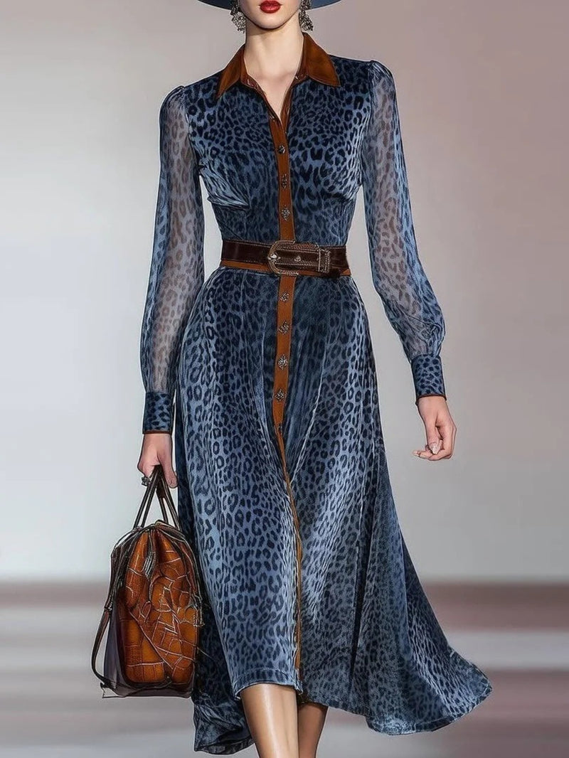 Women’s Mesh Digital Print Shirt Collar Cardigan with Belt Long Dress.