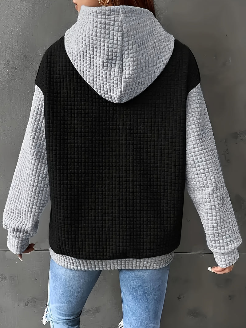 Women's Casual Oversized Hoodie with Checkered Texture & Letter Print.