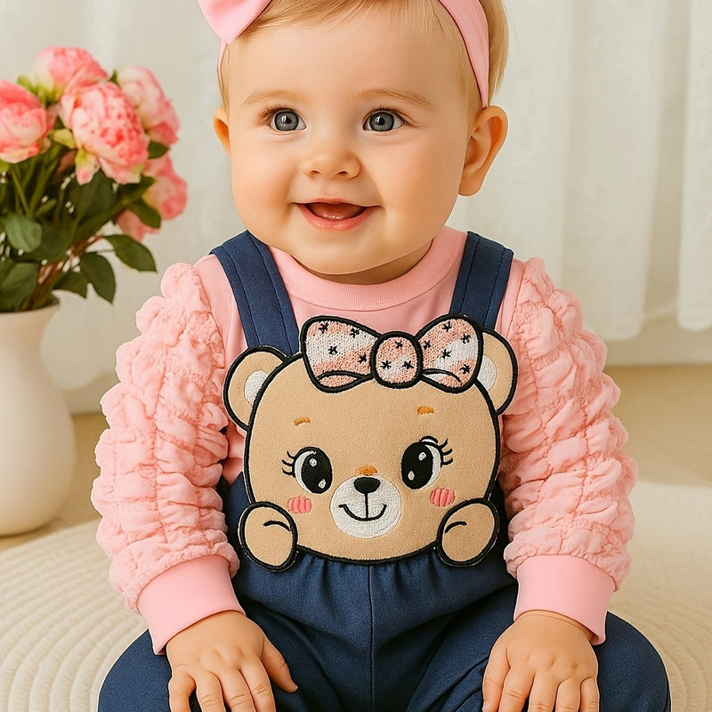 Hibobi 3pcs Denim Jumper Set with Bear Motifs for Baby Girls.