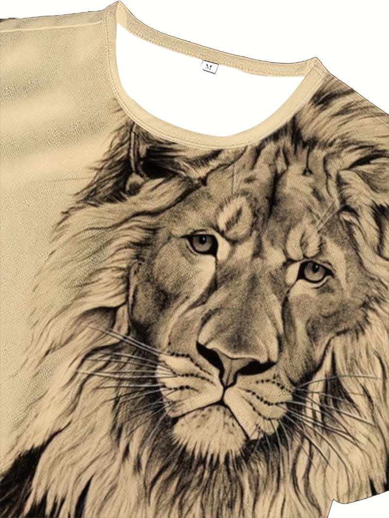 Men's Casual Summer Fitness Outfit, Featuring a Lion Graphic T-Shirt.