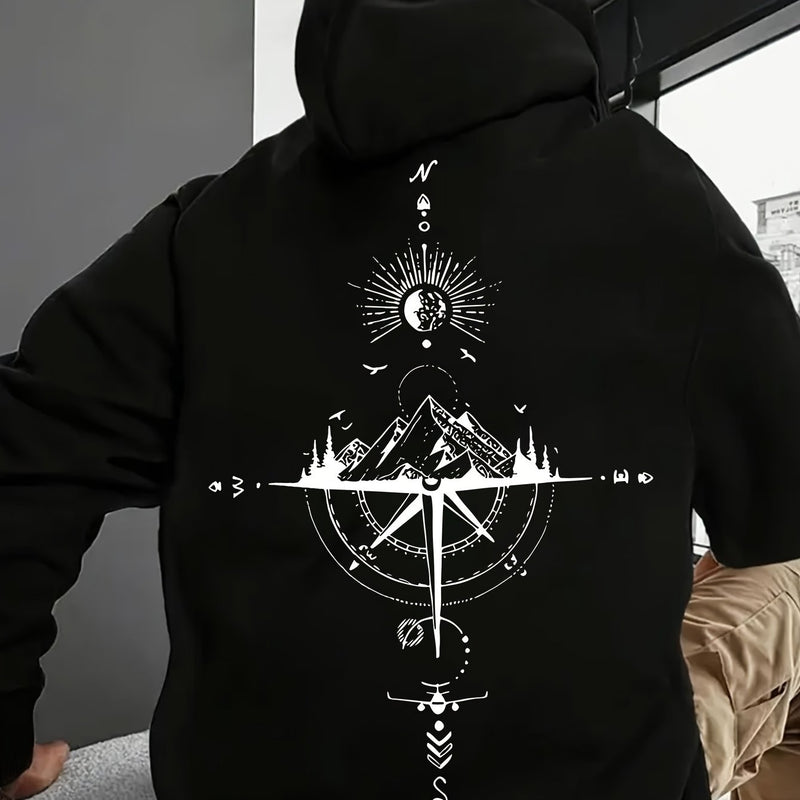 Men's Autumn/Winter Compass Print Hooded Sweatshirt.