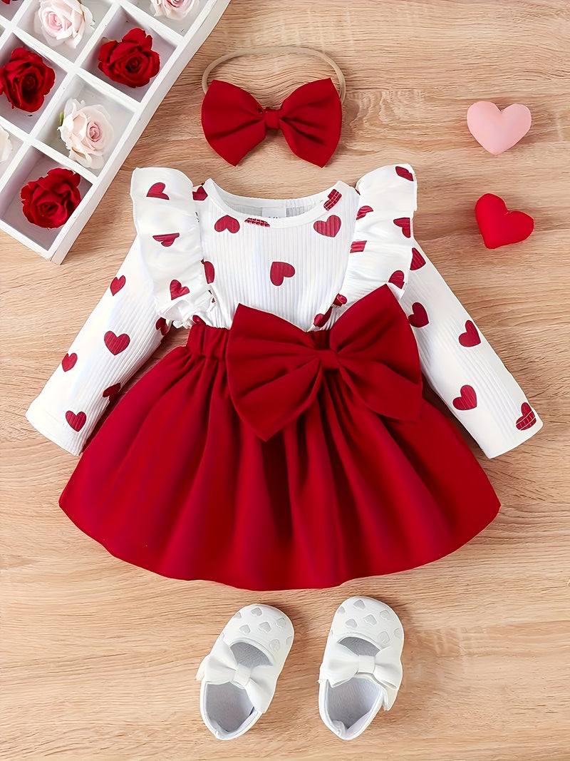 Girls' Valentine's Day Sweet Romantic Lace Bow Decorated Heart Print.