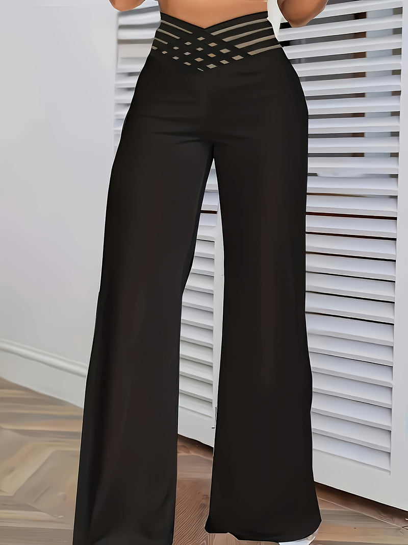 Women’s Solid Color Cross-Over Transparent Mesh Patch High-Waist Pants.