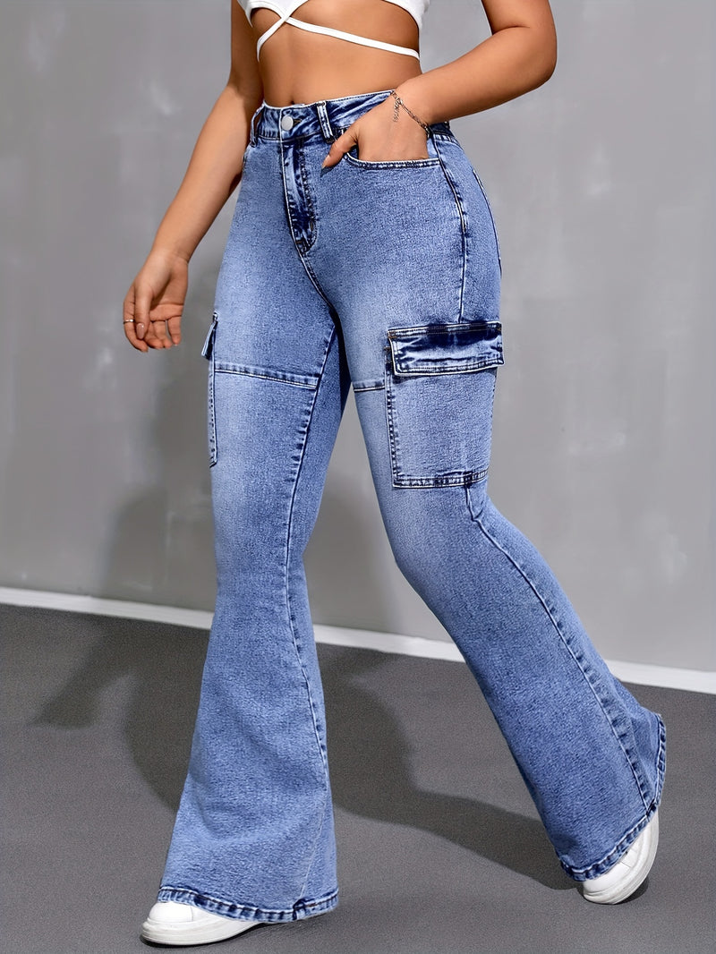 Women’s Stylish Versatile Blue High-Waisted Stretch Slim-Fit Flared Jeans.