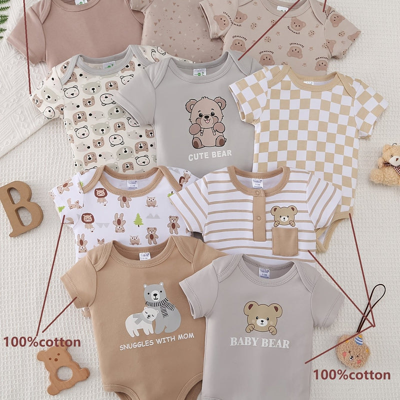 10pcs Boys' Onesies Set - Short Sleeve Snap-Fit Rompers with Bear & Animal Print.