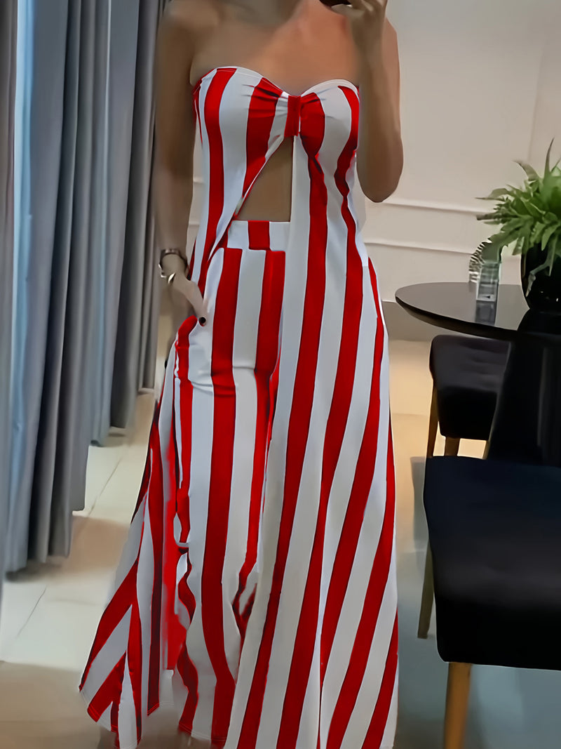 Women's Off-Shoulder Pantsuit with Side Pockets, Featuring Striped Prints.