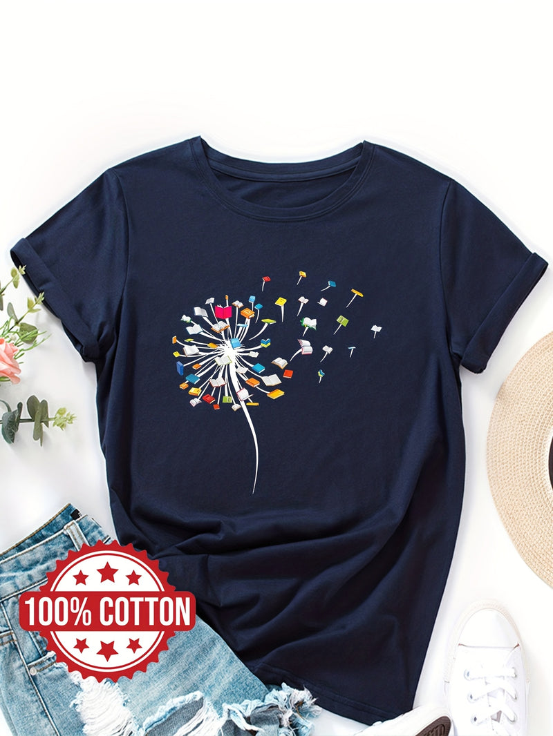 Women's "Dandelions and Books" Graphic T-Shirt.