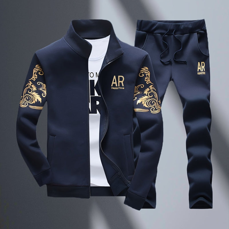 2pcs Men's Sportswear Set, Casual Athletic Outfit with Embroidered Design.