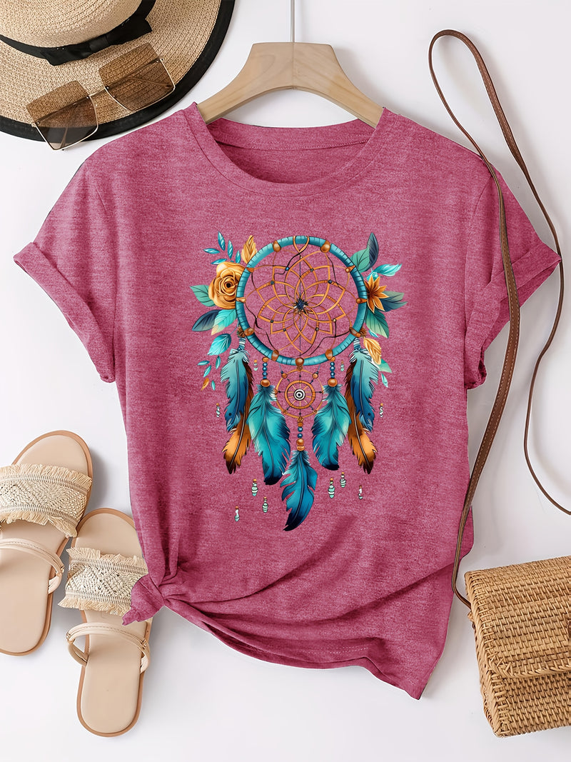 Women's Bohemian Dreamcatcher Floral Print T-Shirt.