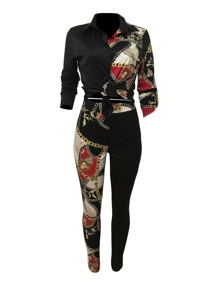 Women's Casual Color-Block Printed Long-Sleeve Lapel Shirt and Trousers 2pcs.