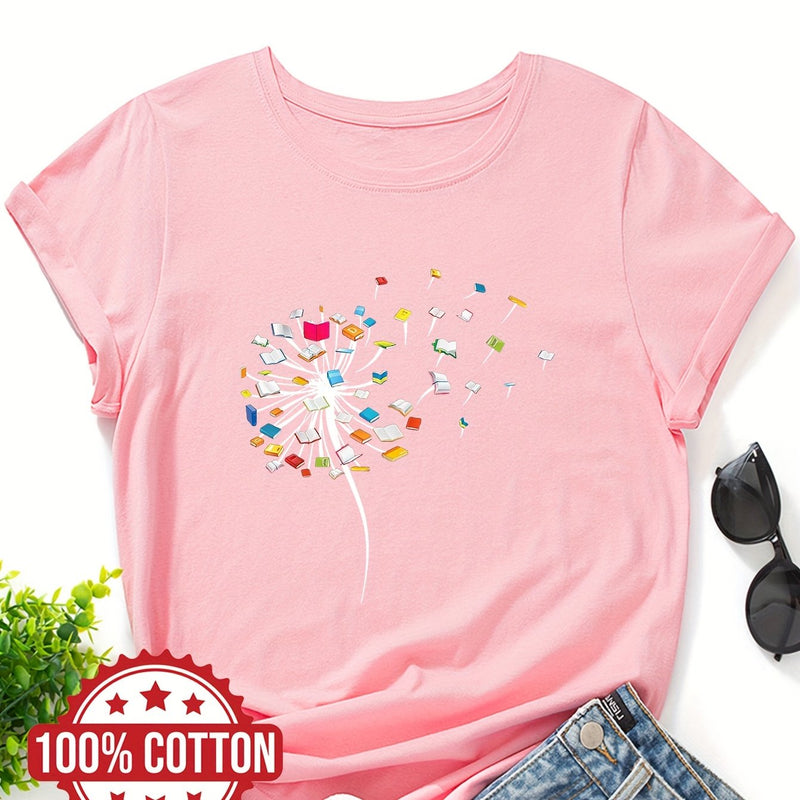 Women's "Dandelions and Books" Graphic T-Shirt.