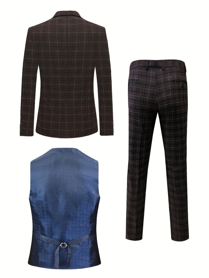 Men's High-Quality Vintage Plaid Three-Piece Suit.