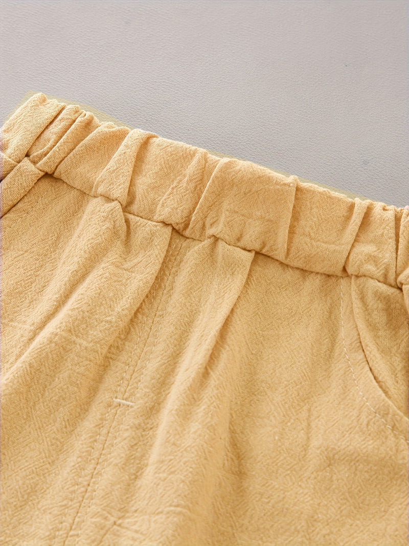 2pcs Boys' Casual Feather Shirt and Shorts Set Vibrant Yellow with Blue Accents.