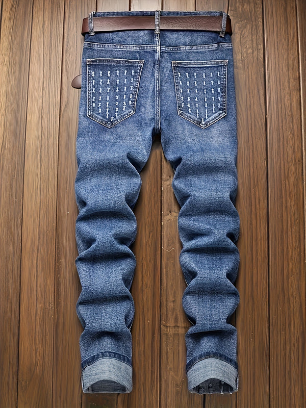 Blue Men's Slim Fit Fashion Multi-Technique Stretch Jeans.
