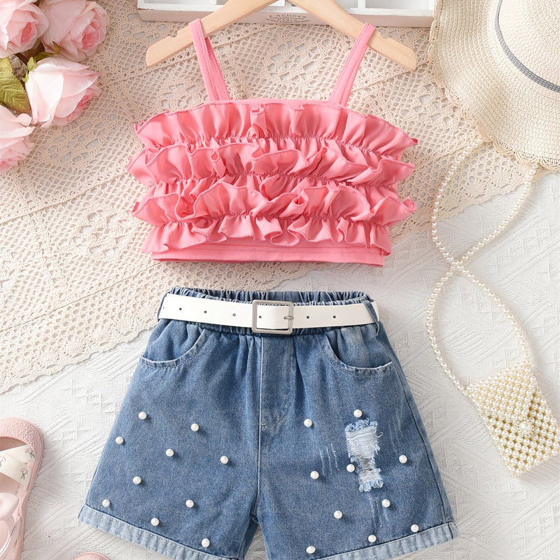 Girls' Lace-Trimmed Tank Top And Denim Shorts Two-Piece Set, for Outdoor.