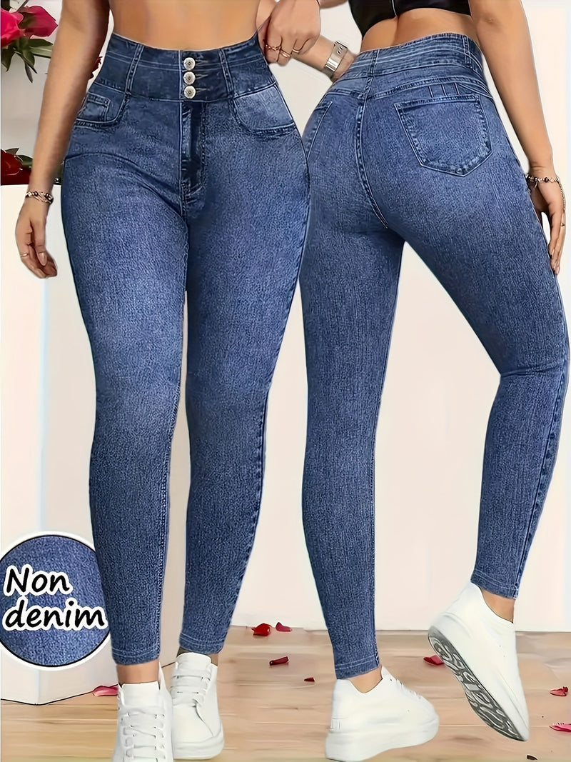Women's Stretchy Faux Denim Printed Leggings with a Casual Matte Texture.