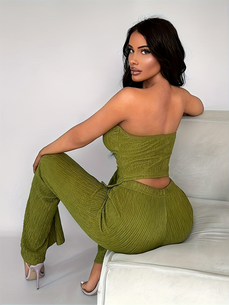 Women's Stretch Button Embellished Sheath Flared Casual Pants.