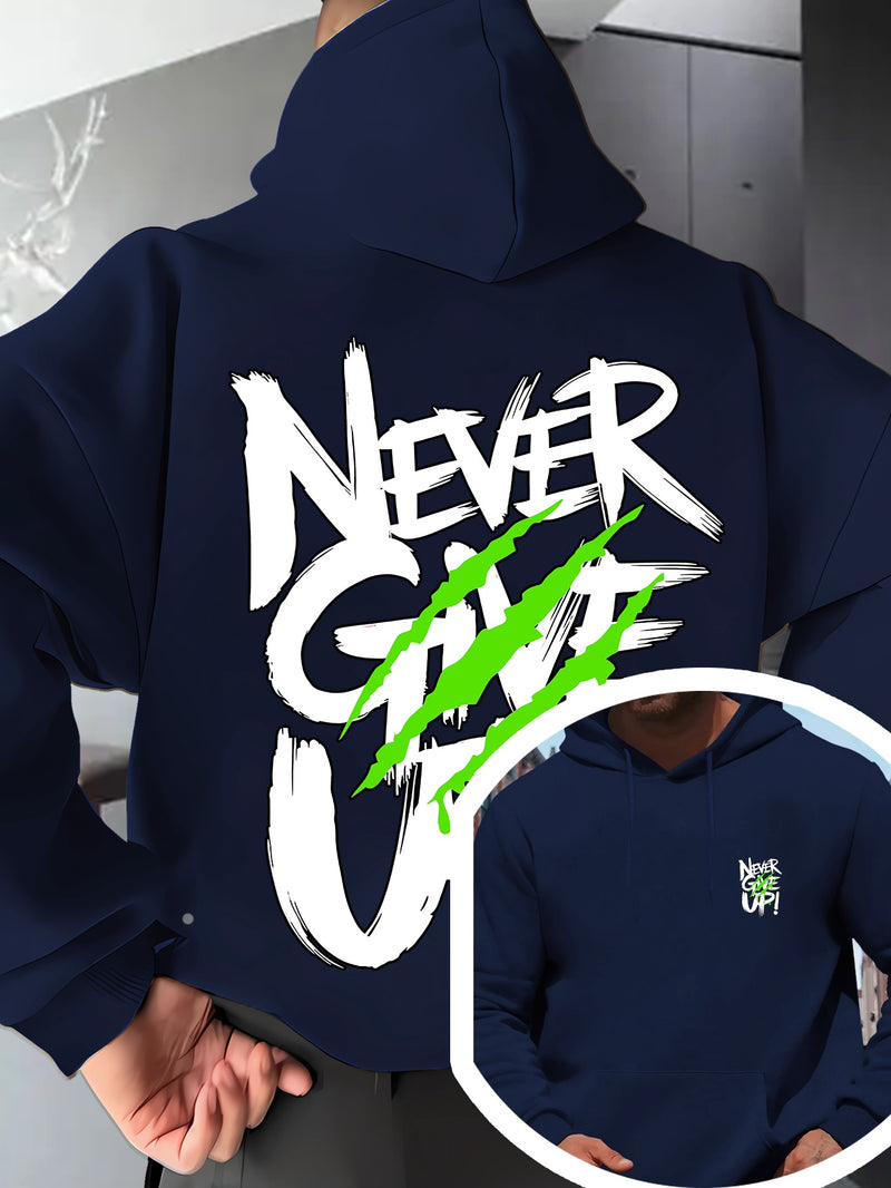 Men's Red Hoodie with "Never Give Up" Print.