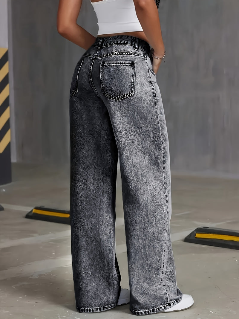 Women's Distressed Snowflake Washed Loose Straight-Leg Jeans.