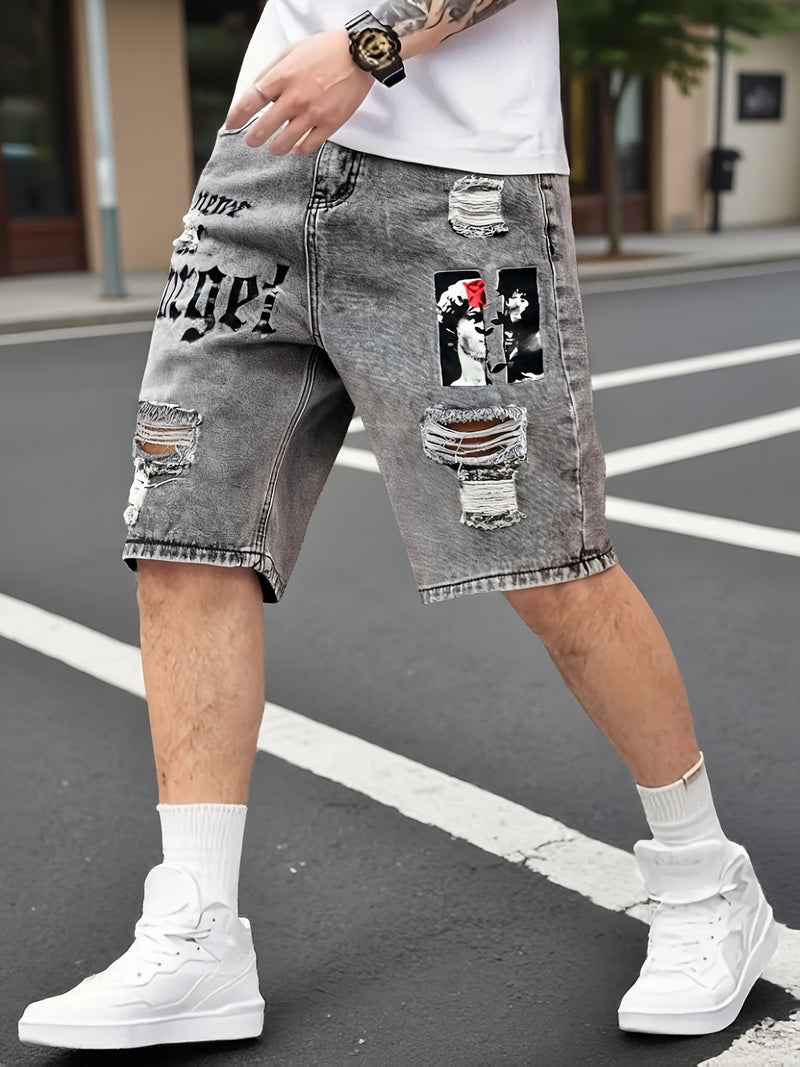 Men's Denim Shorts, Light Blue, Perforated Design, Printed, Loose Fit, Non Stretchy.