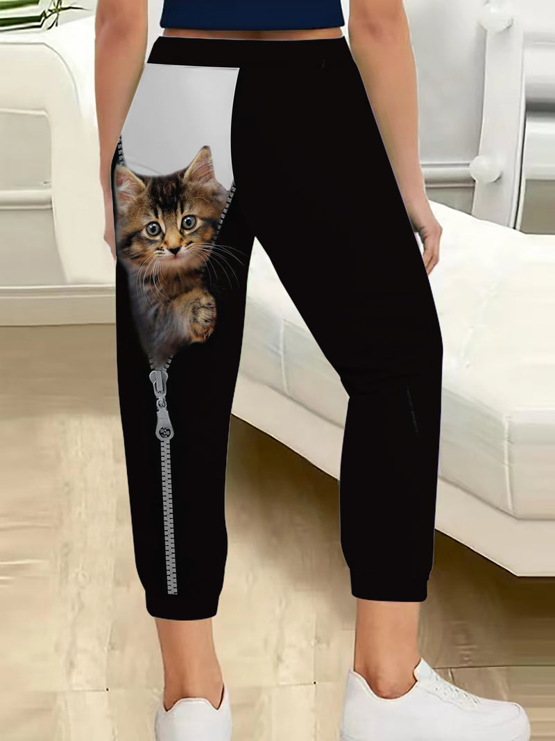 Women's Casual 3D Pocket Cat Print Drawstring Pocket Pants.