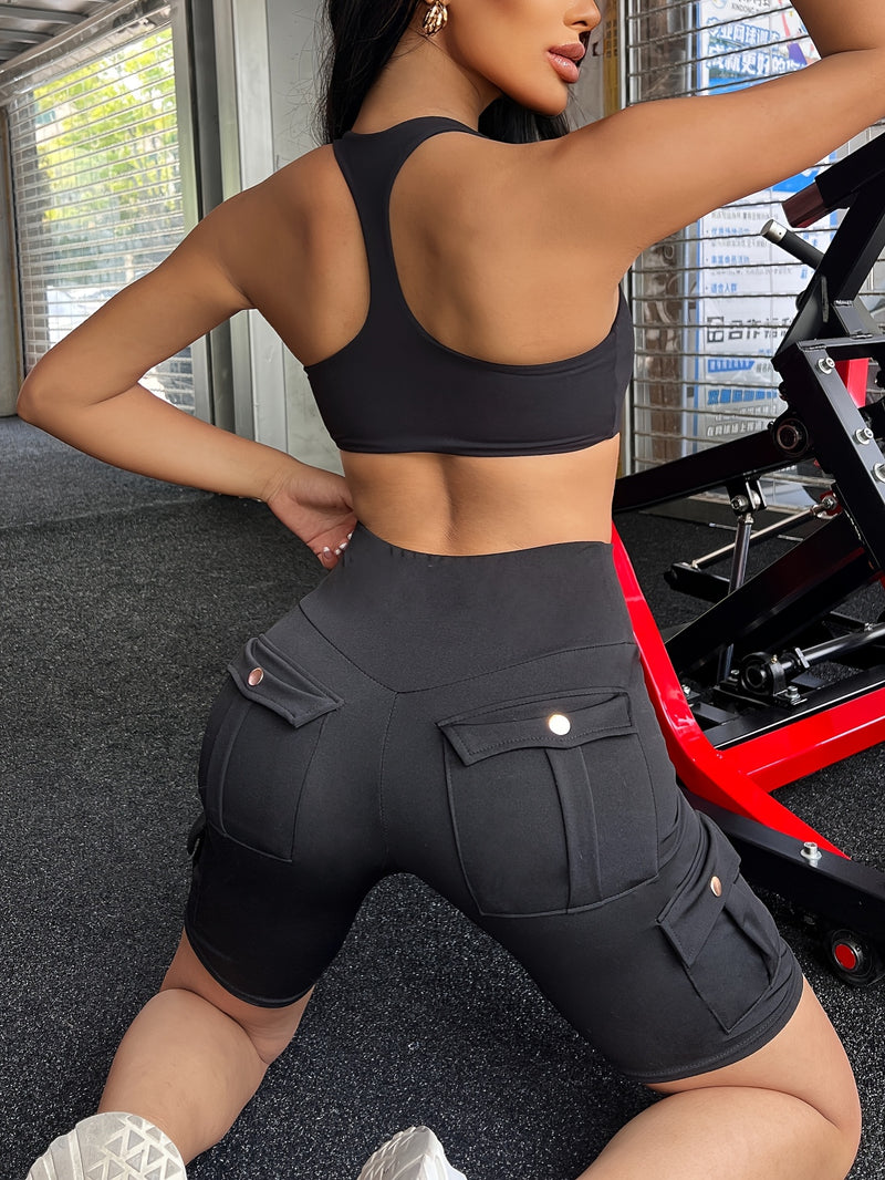 High-Waist Women's Solid Color Athletic Yoga Cargo Shorts for Exercise & Fitness.