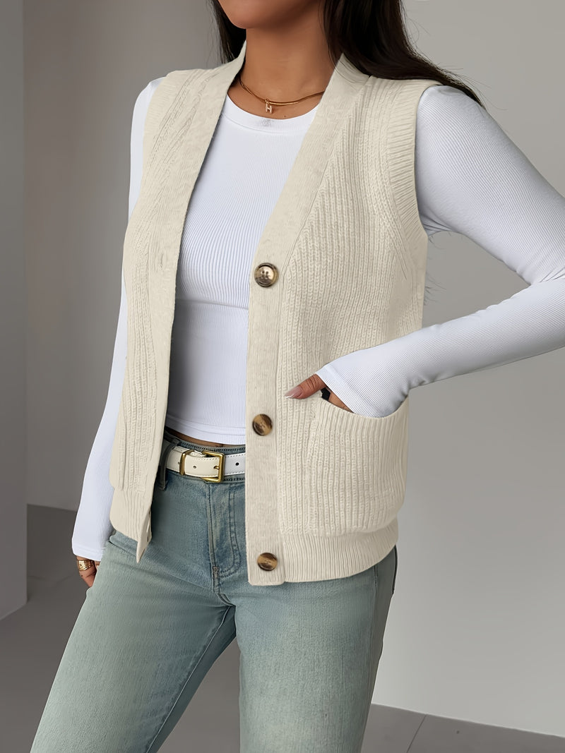 New Solid Color V-Neck Pocket Women's Sweater Vest.