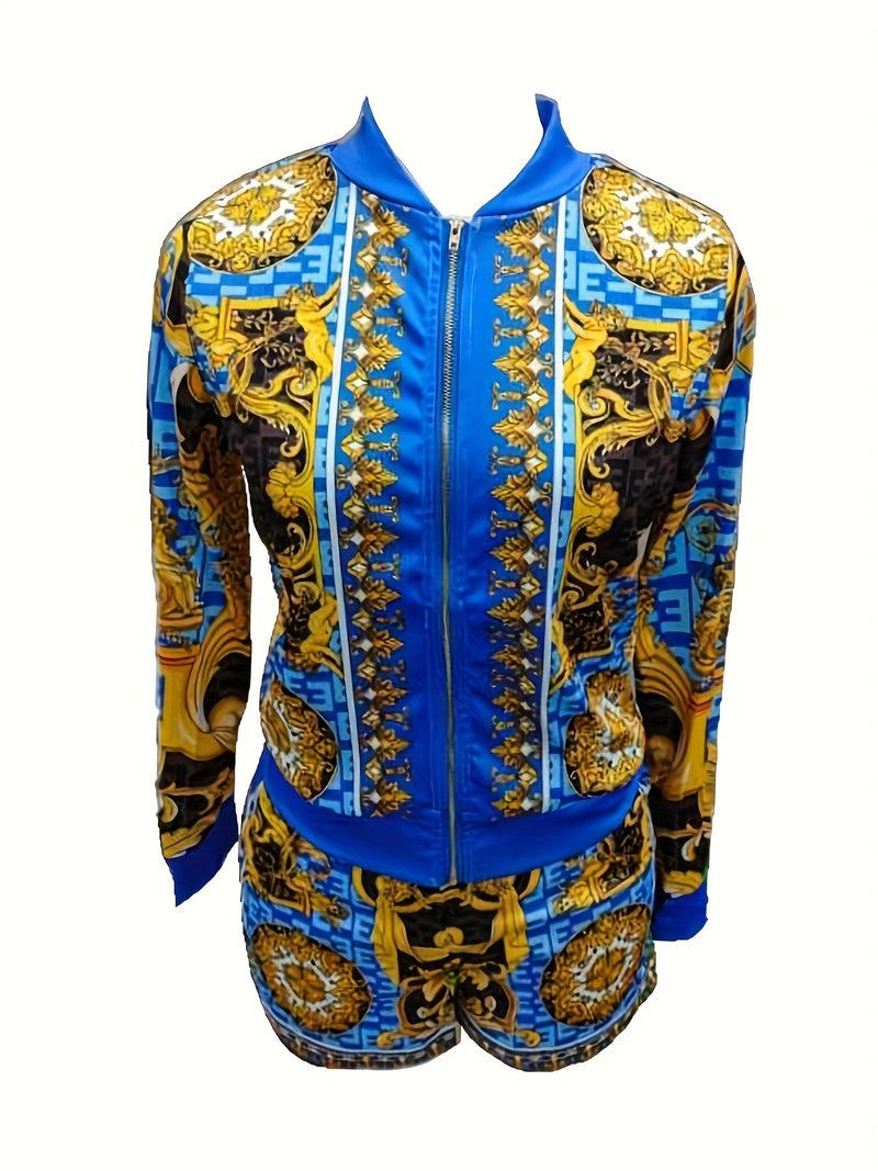 Women’s Floral Print Elegant Shorts Set, Long Sleeve V-neck Zip Up Jacket.