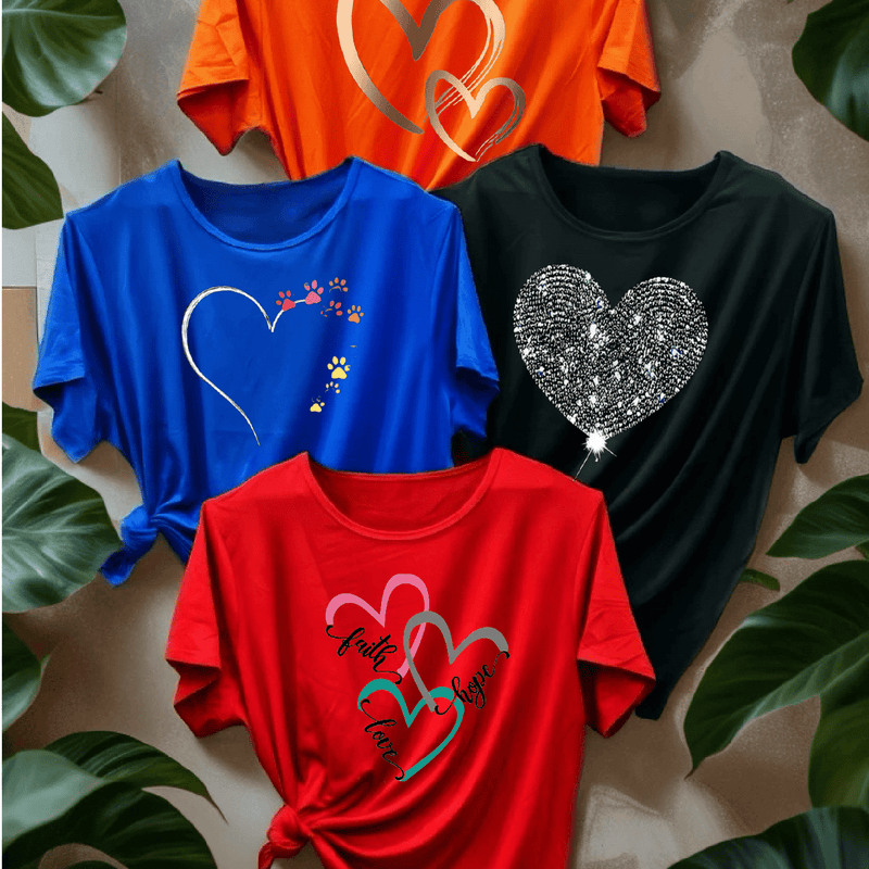 A Set of Four Diverse Heart-Patterned T-Shirts for Women.