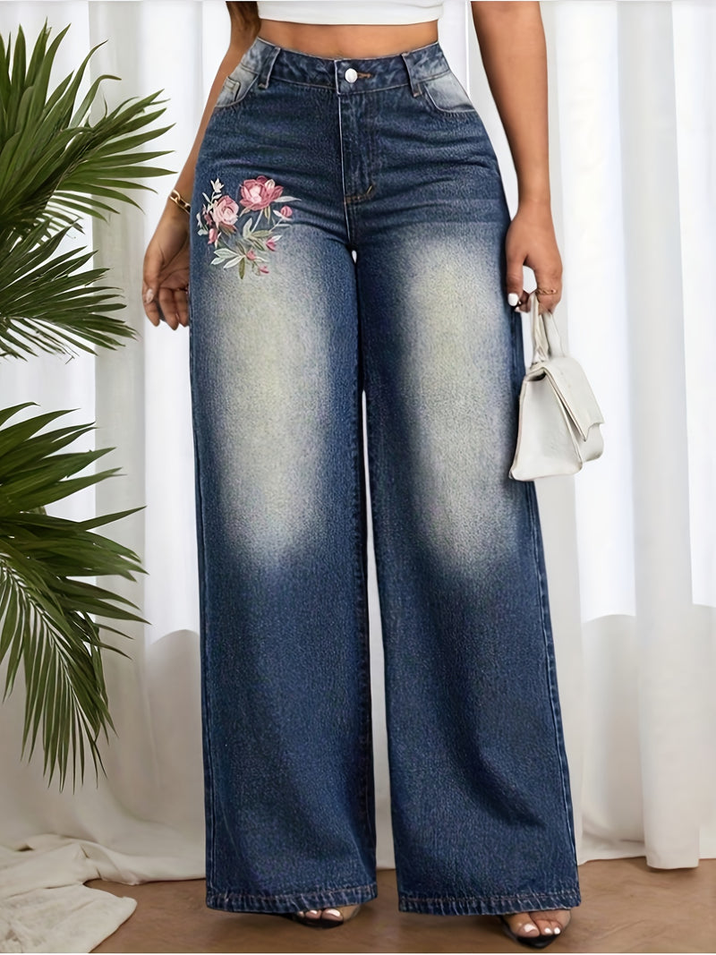 Women’s Spring/Summer New Floral Embroidered Stretch Wide-Leg Pants.
