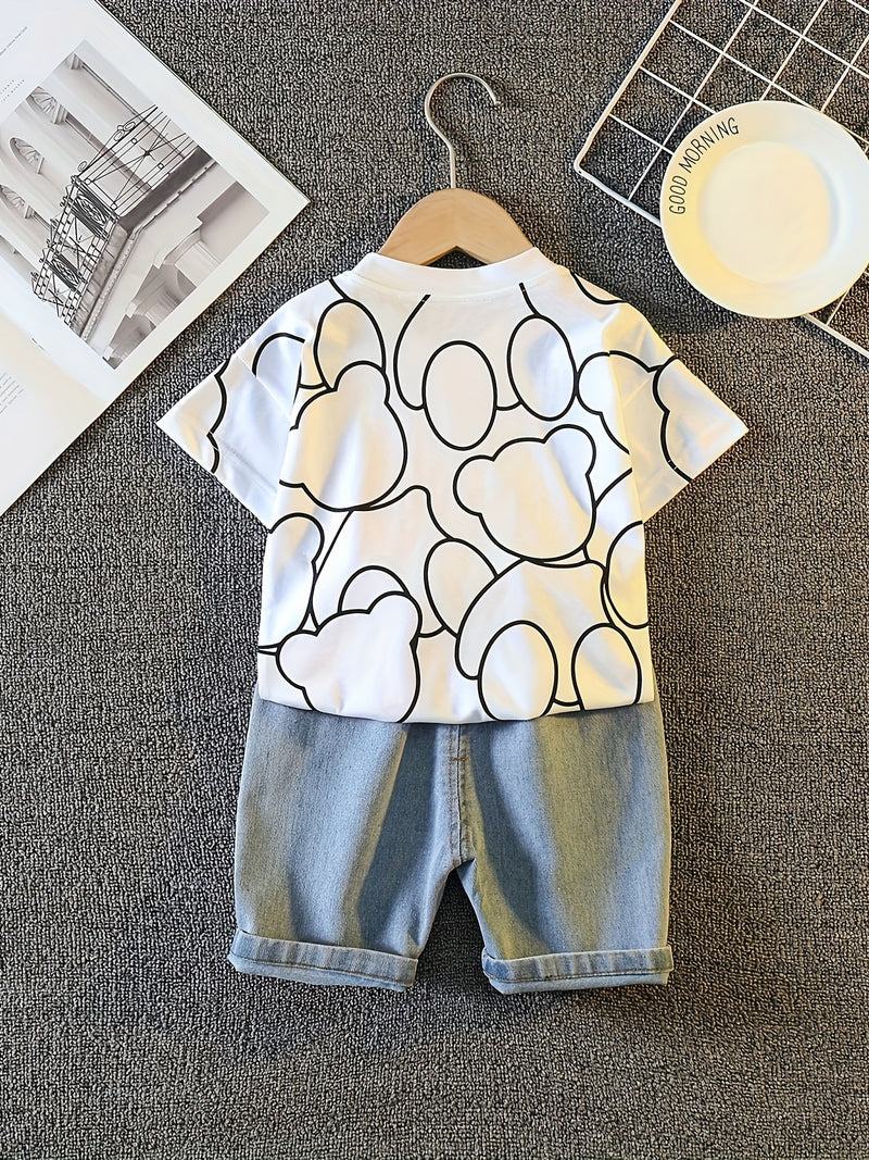 hibobi Cartoon print long sleeve t-shirt with denim shorts, Perfect for Outdoor.