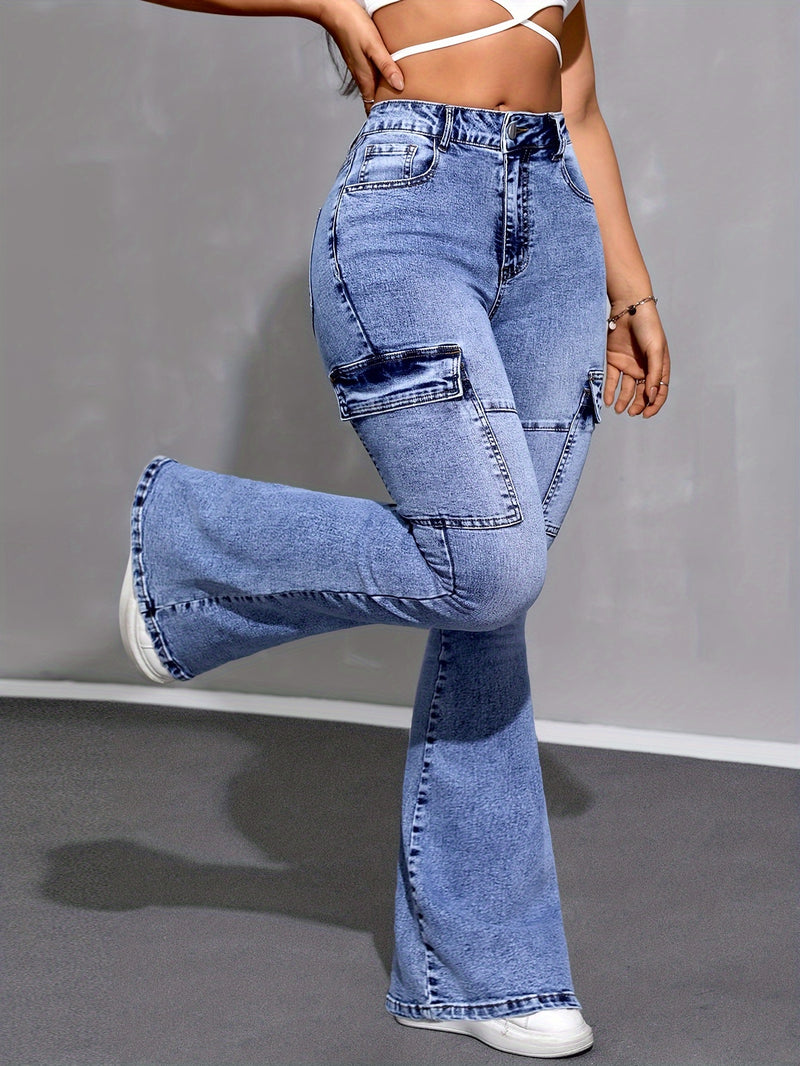 Women’s Stylish Versatile Blue High-Waisted Stretch Slim-Fit Flared Jeans.